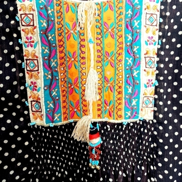 Boho Maxi Dress Smocked Tassled Print Flared Flowy Coachella Festival Sz Small - Picture 7 of 16